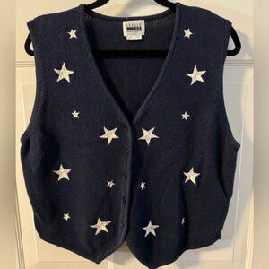 Leslie Fay Vintage 90’s Navy Knit Vest Embroidered White Stars Accents XL Cotton